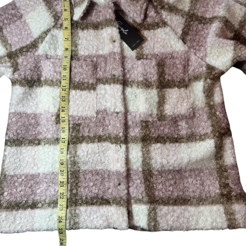 NWT Remplie Boutique Brand Tan and Pink Plaid Medium Teddy Sherpa Jacket
